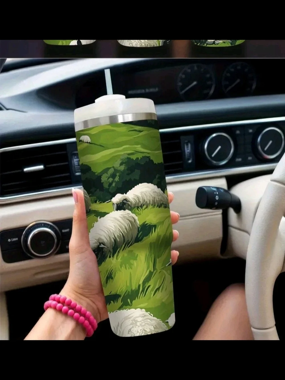 30 Oz. Sheep In Pastures Stainless Steel Insulated Tumbler - White & Green